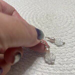 Delicate WHITE GLASS FLOWER & BLUSH PEARL Handmade Silver Dangle Earrings #233D
